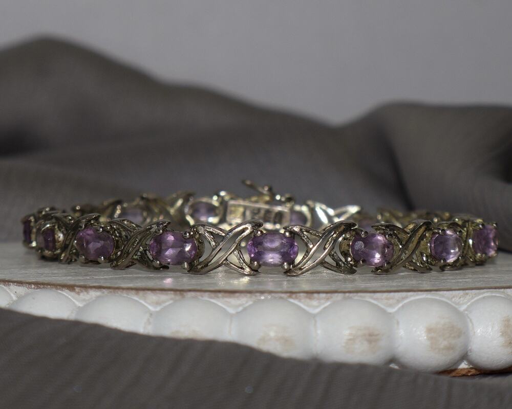 Sterling Silver Amethyst Tennis Bracelet 12.1G / 7in